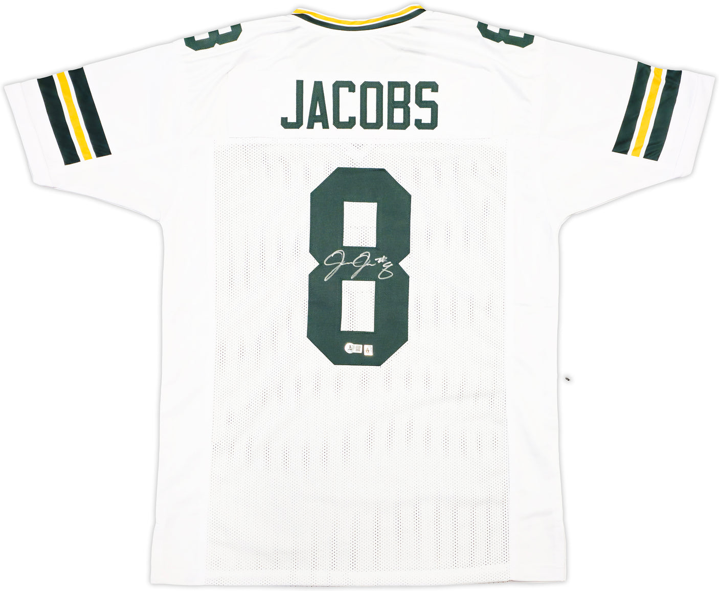 Green Bay Packers Josh Jacobs Autographed White Jersey Beckett BAS Witness Stock #229522