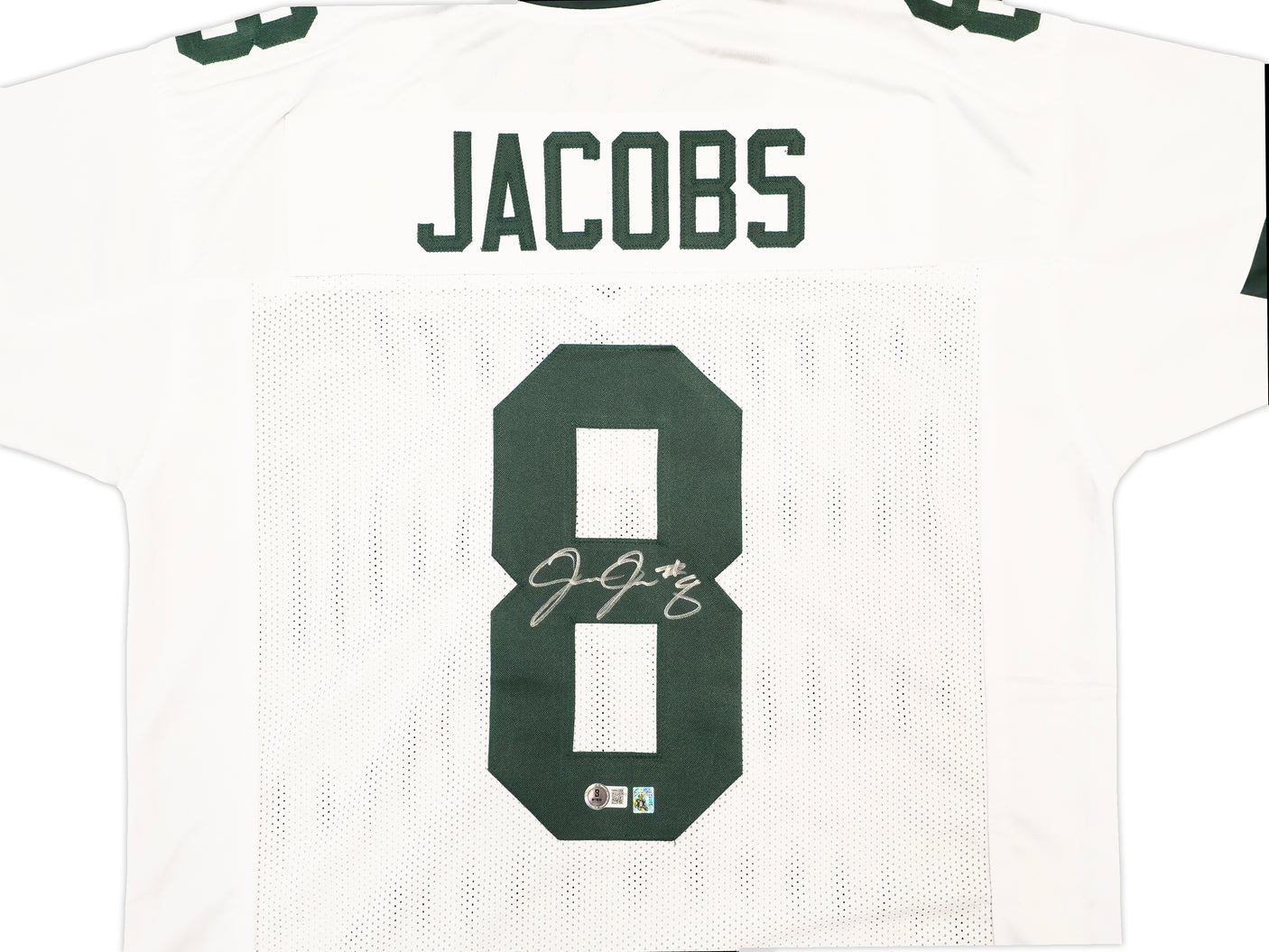 Green Bay Packers Josh Jacobs Autographed White Jersey Beckett BAS Witness Stock #229522