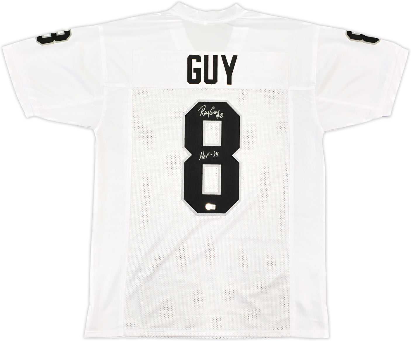 Oakland Raiders Ray Guy Autographed White Jersey "HOF-'14" Beckett BAS QR Stock #230014