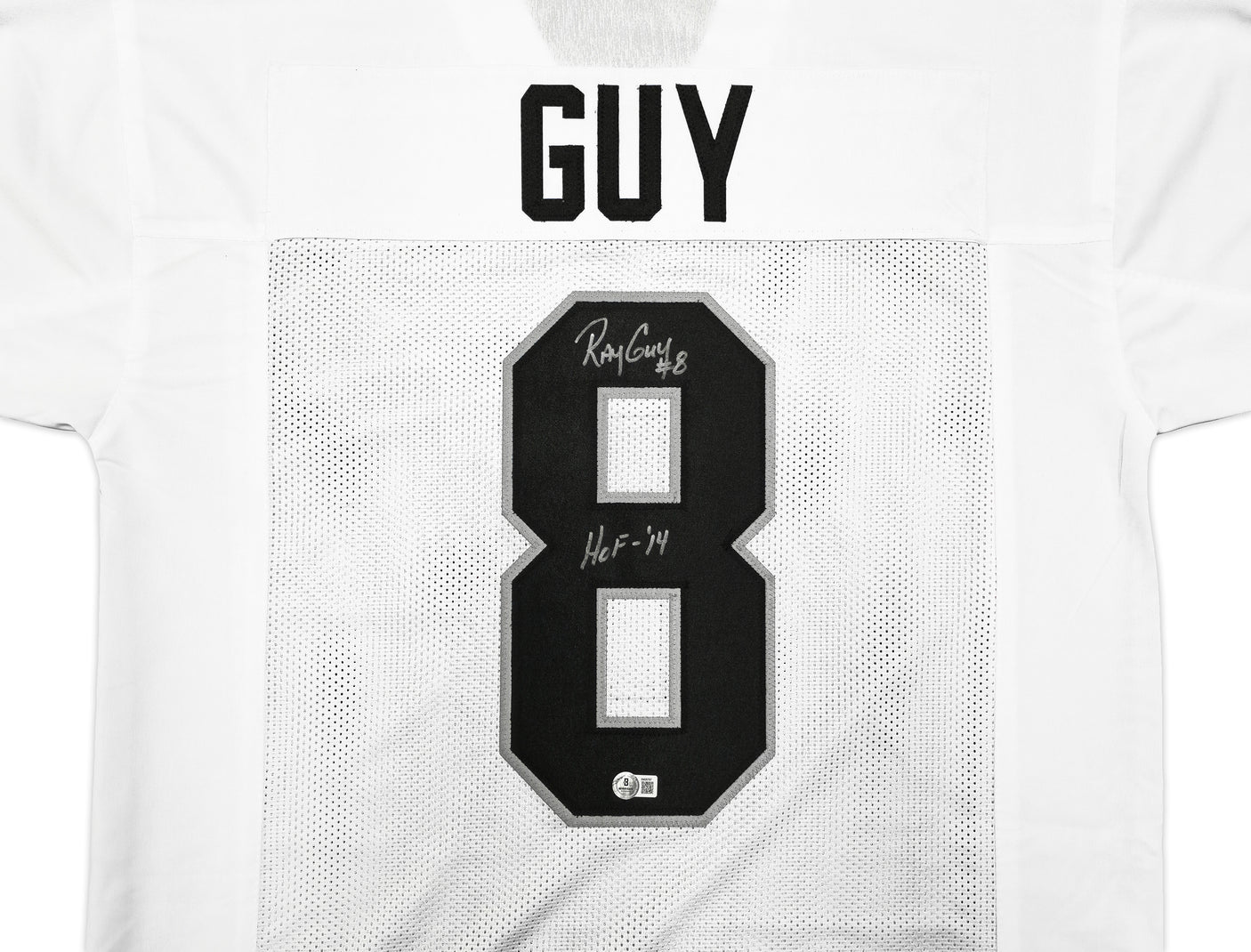 Oakland Raiders Ray Guy Autographed White Jersey "HOF-'14" Beckett BAS QR Stock #230014