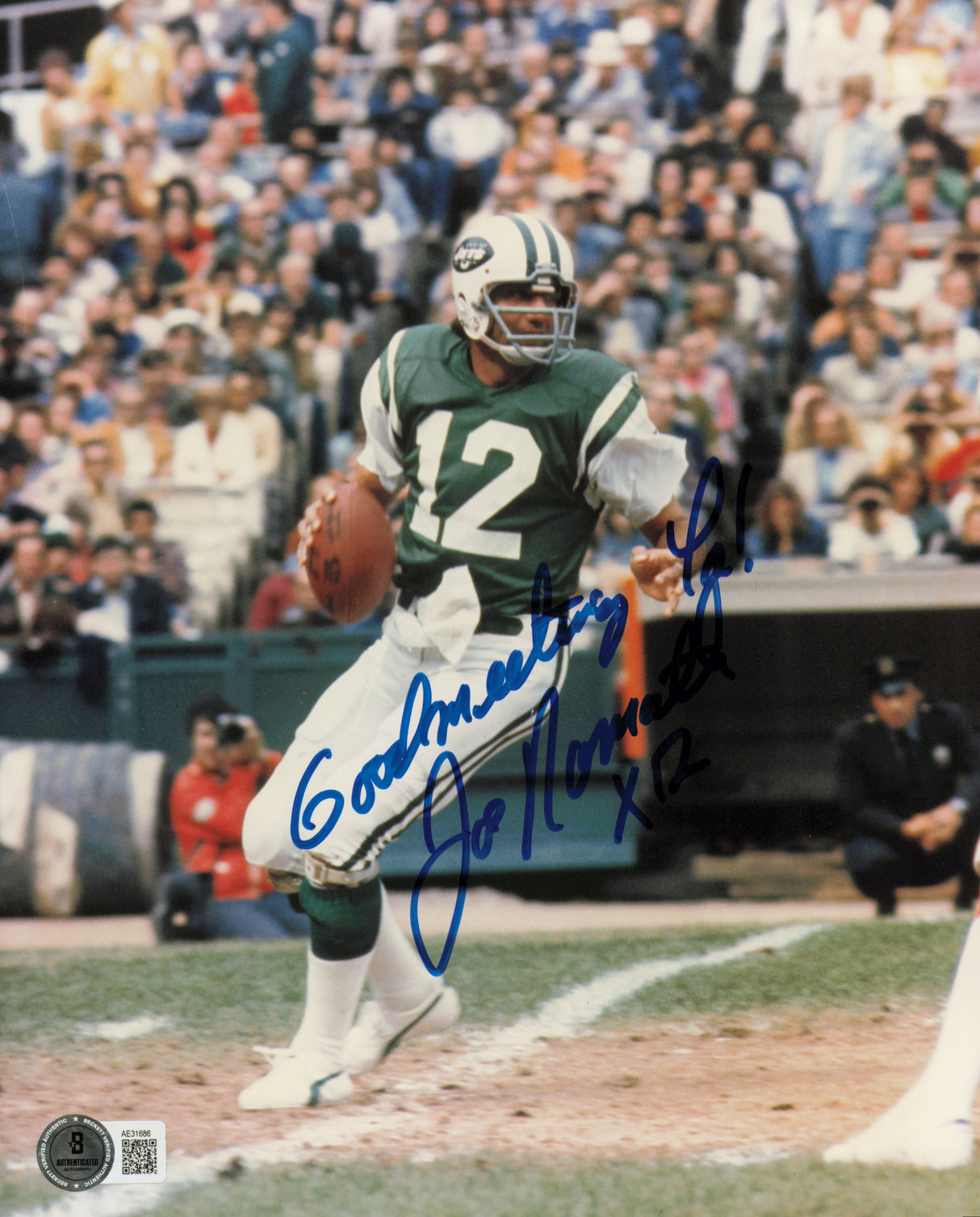 Joe Namath Autographed 8x10 Photo New York Jets "Good Meeting Ya! X12" Beckett BAS QR #AE31686
