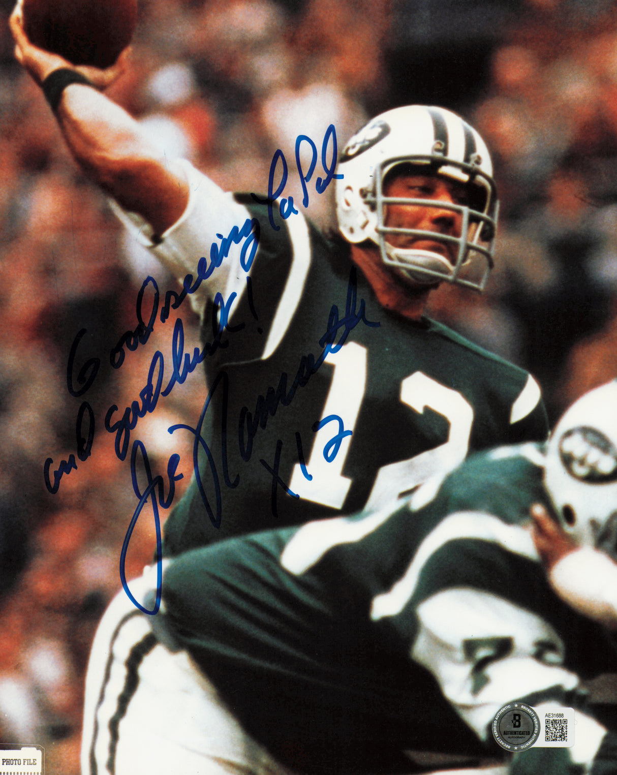 Joe Namath Autographed 8x10 Photo New York Jets "Good Luck Pal!" Beckett BAS QR #AE31688