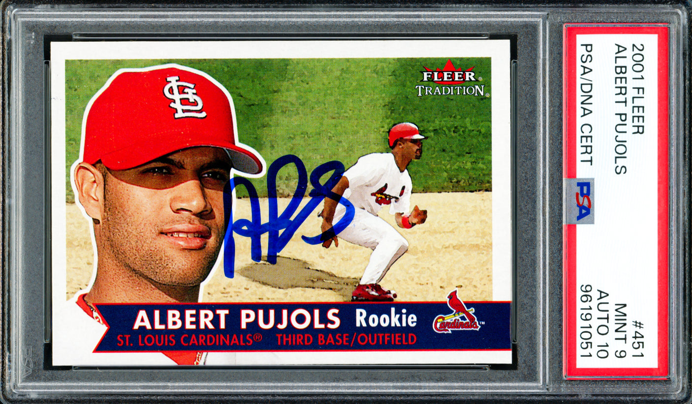 Albert Pujols Autographed 2001 Fleer Rookie Card #451 St. Louis Cardinals PSA 9 Auto Grade Gem Mint 10 PSA/DNA #96191051