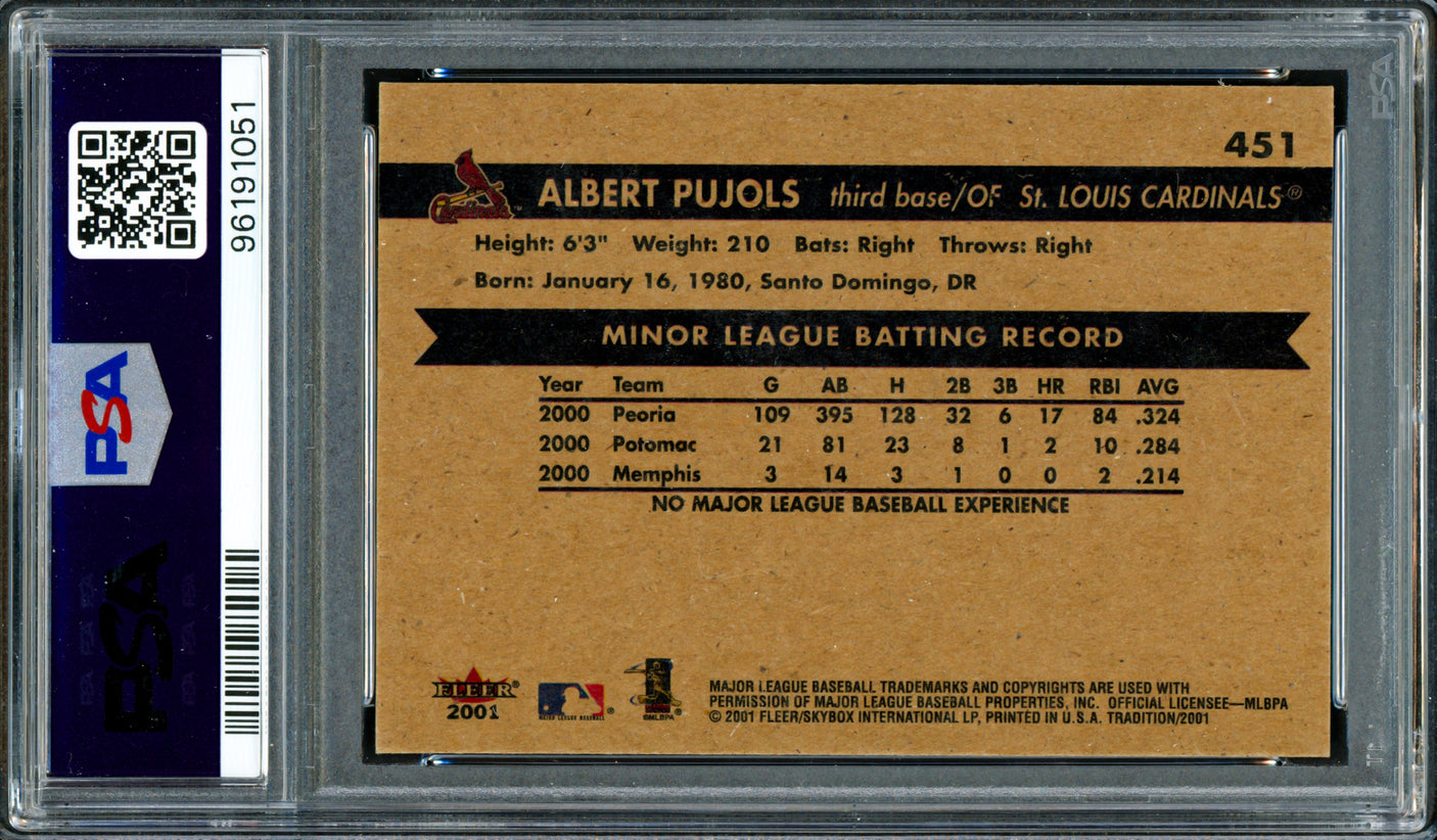 Albert Pujols Autographed 2001 Fleer Rookie Card #451 St. Louis Cardinals PSA 9 Auto Grade Gem Mint 10 PSA/DNA #96191051