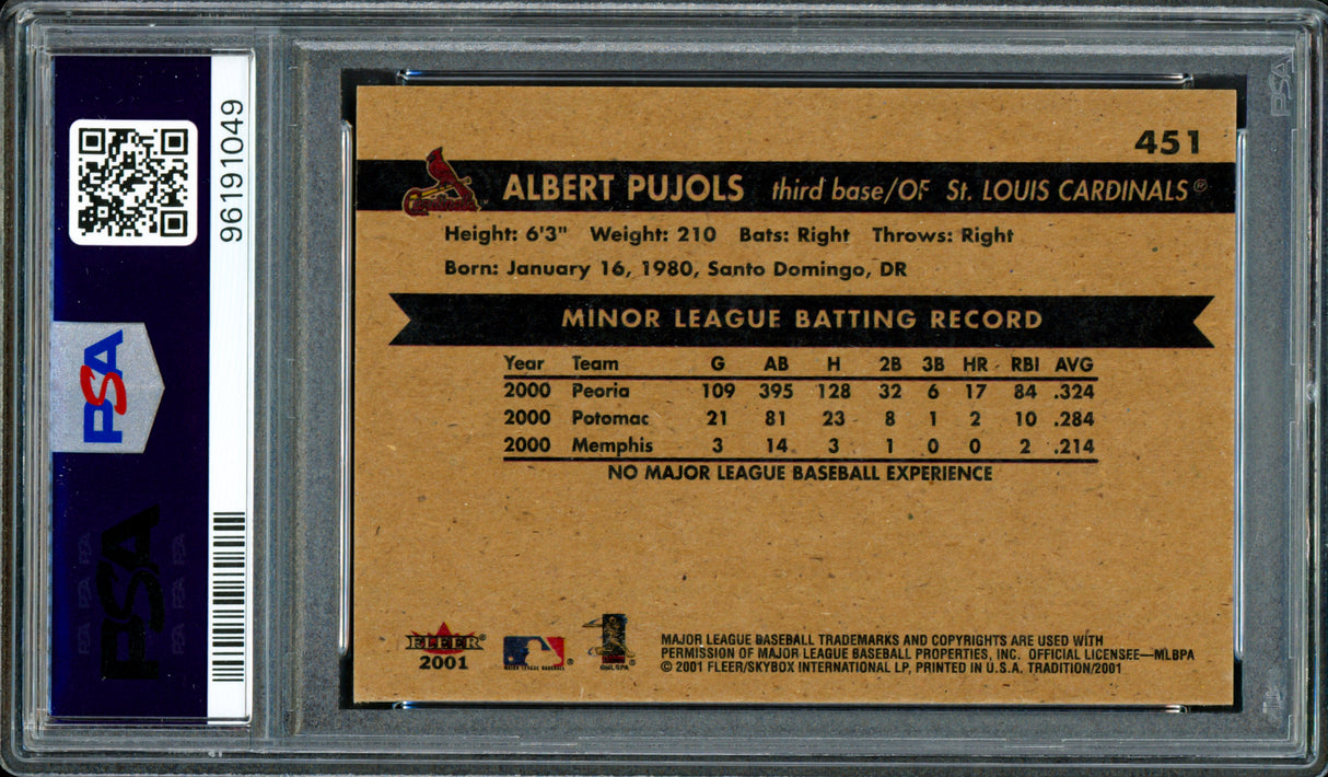 Albert Pujols Autographed 2001 Fleer Rookie Card #451 St. Louis Cardinals PSA 9 Auto Grade Gem Mint 10 PSA/DNA #96191049