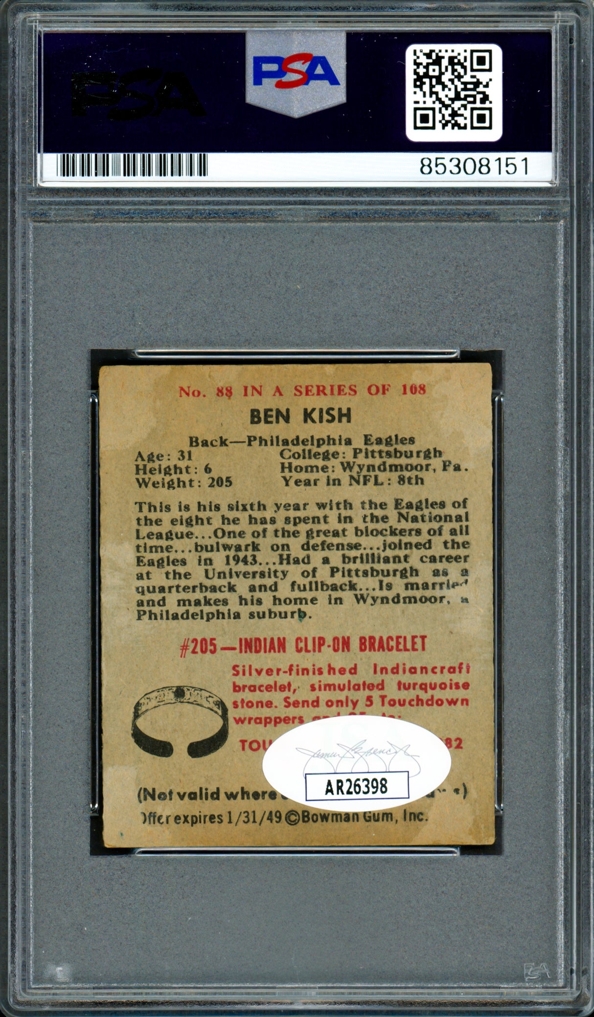 Ben Kish Autographed 1948 Bowman Rookie Card #88 Philadelphia Eagles PSA/DNA #85308151