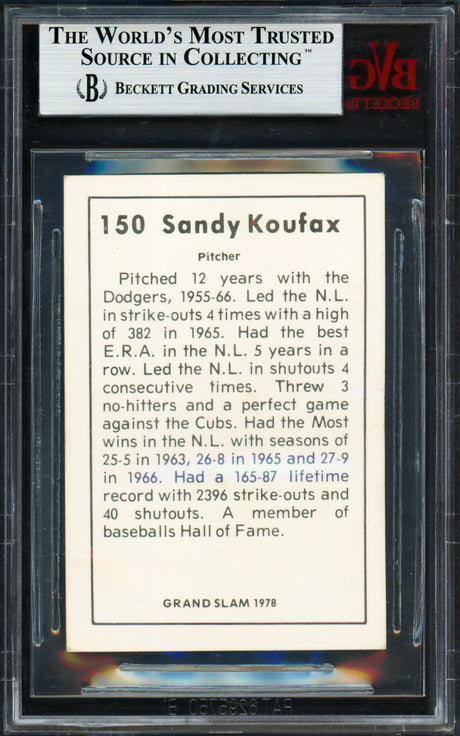 Sandy Koufax Autographed 1978 Grand Slam Card #150 Los Angeles Dodgers Beckett BAS #9588941