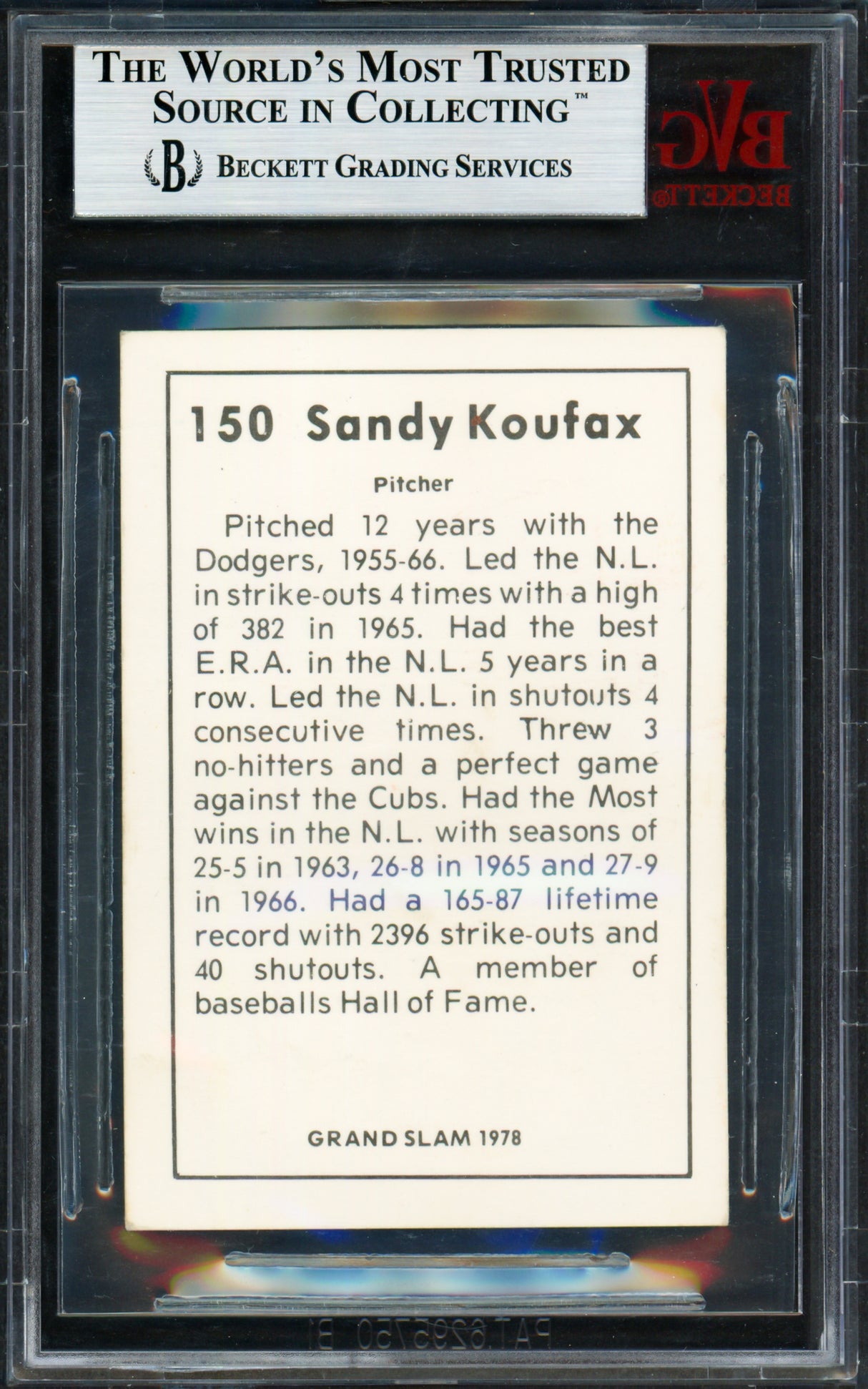 Sandy Koufax Autographed 1978 Grand Slam Card #150 Los Angeles Dodgers Beckett BAS #9588941