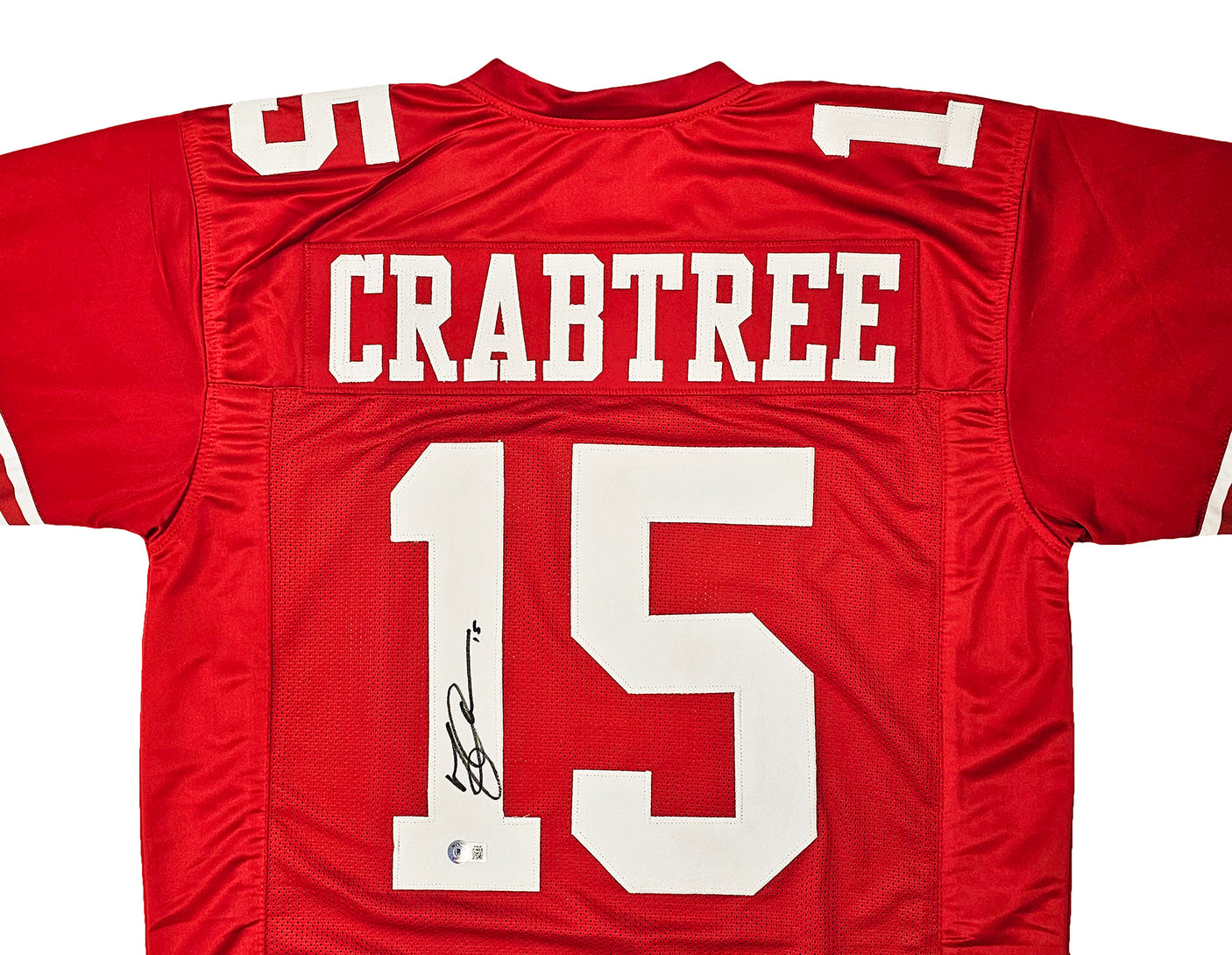 San Francisco 49ers Michael Crabtree Autographed Red Jersey Beckett BAS Witness Stock #215670