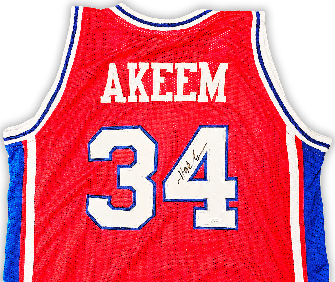 Houston Cougars Hakeem Olajuwon Autographed Red Jersey JSA Stock #215696