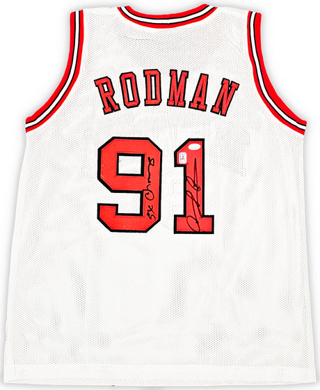 Chicago Bulls Dennis Rodman Autographed White Jersey "5x Champs" JSA Stock #215740
