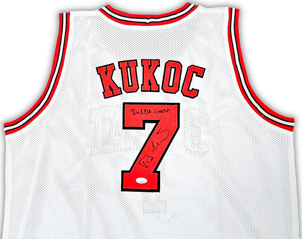 Chicago Bulls Toni Kukoc Autographed White Jersey "3x NBA Champ" JSA Stock #215749