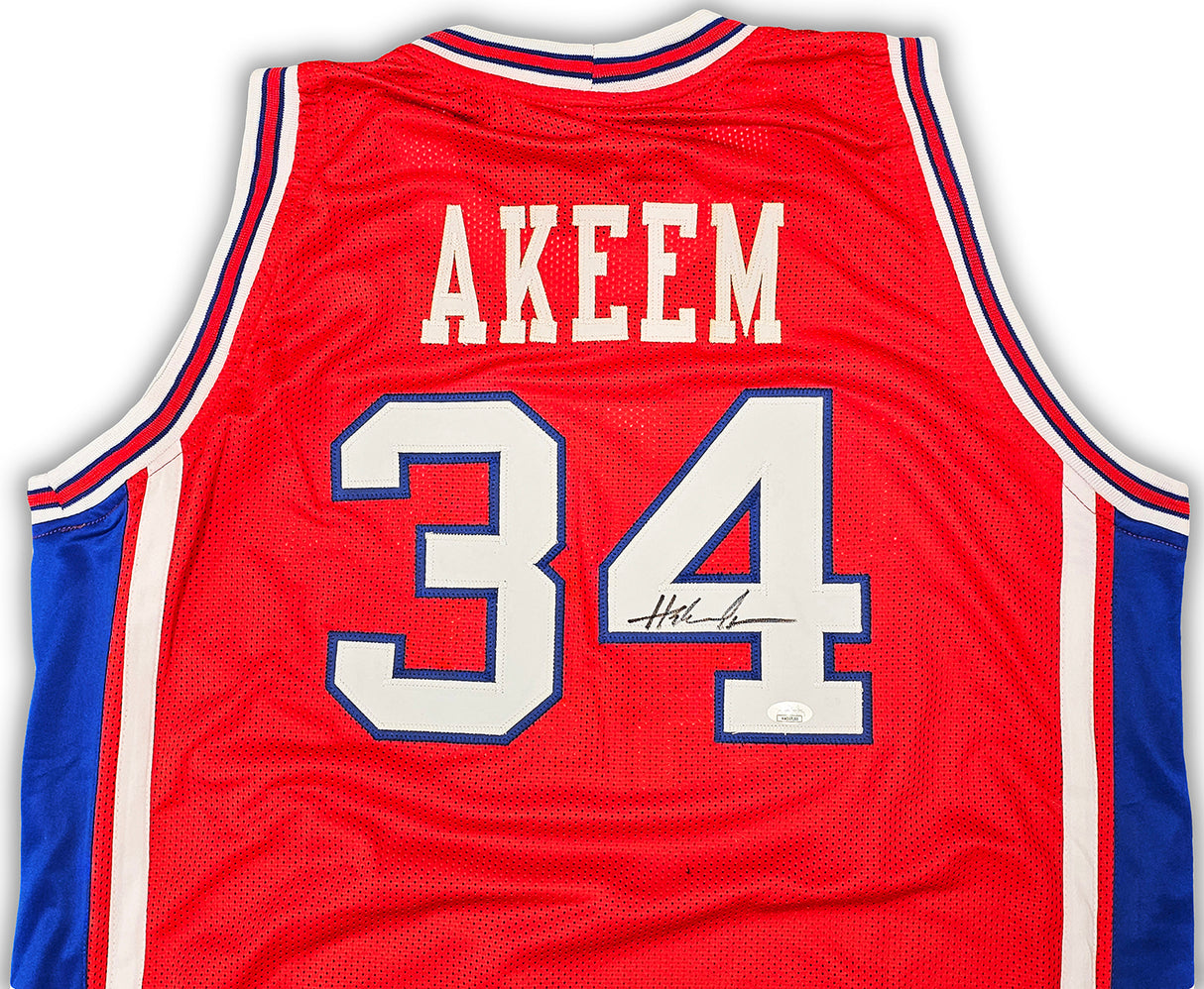 Houston Cougars Hakeem Olajuwon Autographed Red Jersey JSA Stock #215697
