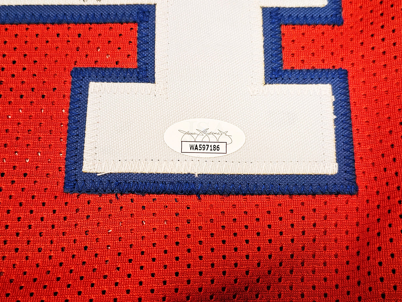 Houston Cougars Hakeem Olajuwon Autographed Red Jersey JSA Stock #215697