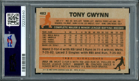 Tony Gwynn Autographed 1983 Topps Rookie Card #482 San Diego Padres PSA/DNA #72233540