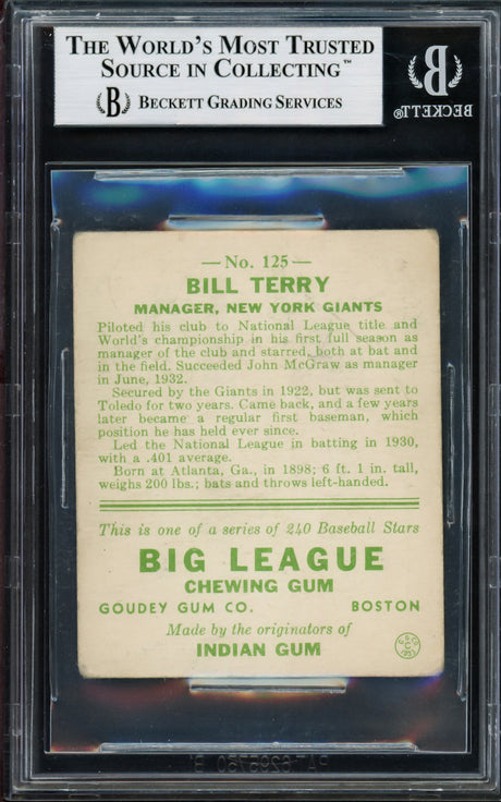 Bill Terry Autographed 1933 Goudey Rookie Card #125 New York Giants Beckett BAS #13885802