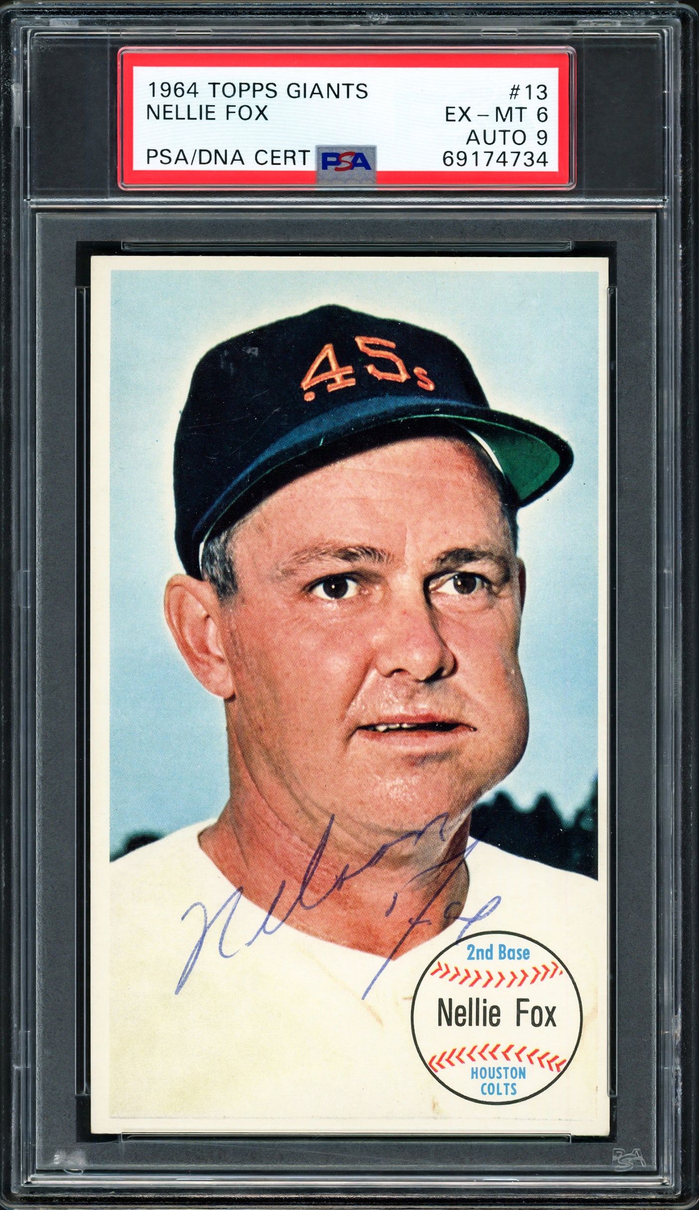 Nellie Fox Autographed 1964 Topps Giants Card #13 Houston Colt 45's PSA 6 Auto Grade Mint 9 (Highest Graded) PSA/DNA #69174734