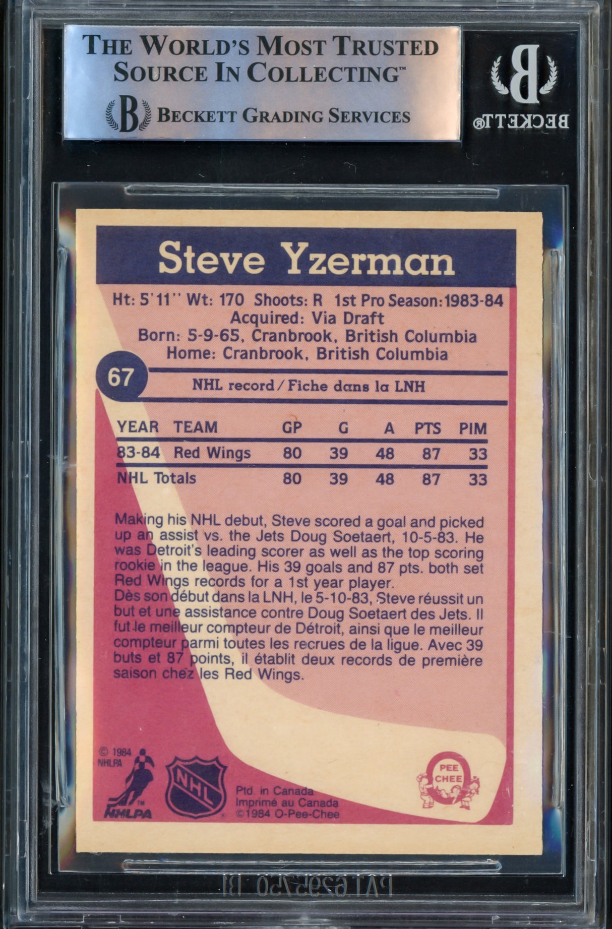 Steve Yzerman Autographed 1984-85 O-Pee-Chee Rookie Card #67 Detroit Red Wings Beckett BAS #15095882