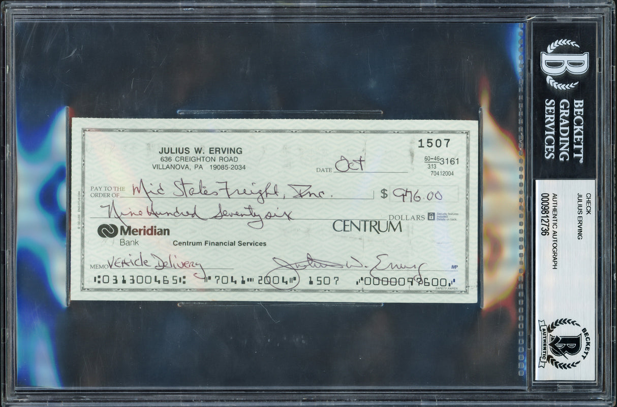 Julius Dr. J Erving Autographed 3x6 Check Philadelphia 76ers Beckett BAS #9812736