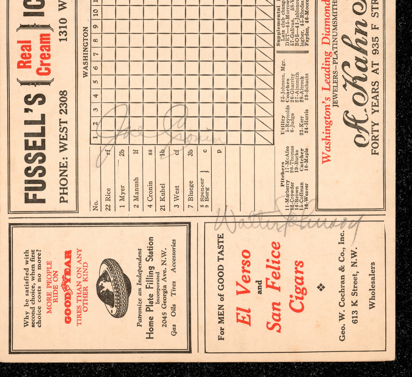 Walter Johnson & Joe Cronin Autographed 1932 Washington Senators Scorecard Beckett BAS #AE25471