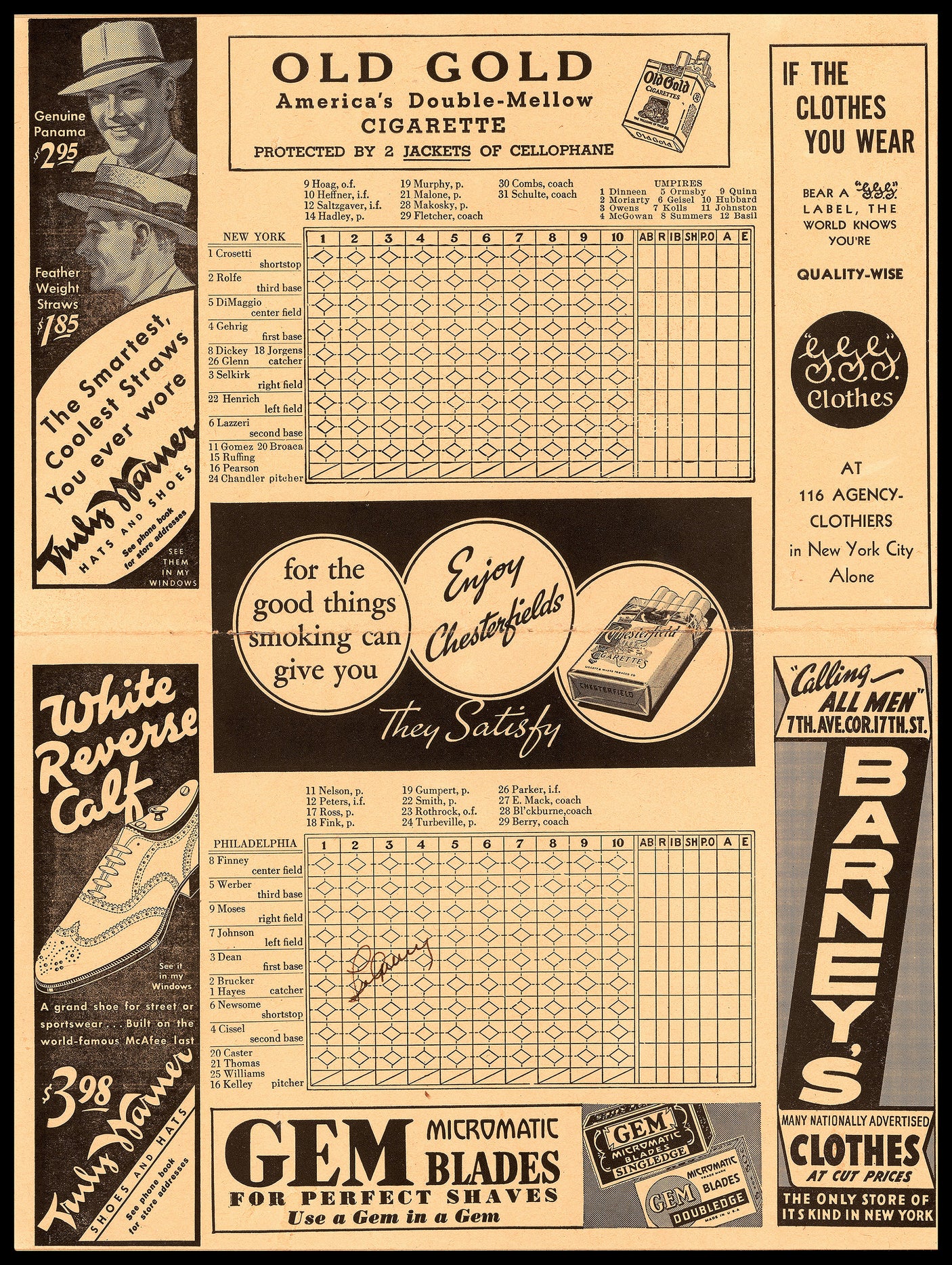 Lou Gehrig Autographed 1937 New York Yankees Scorecard PSA/DNA #P13240