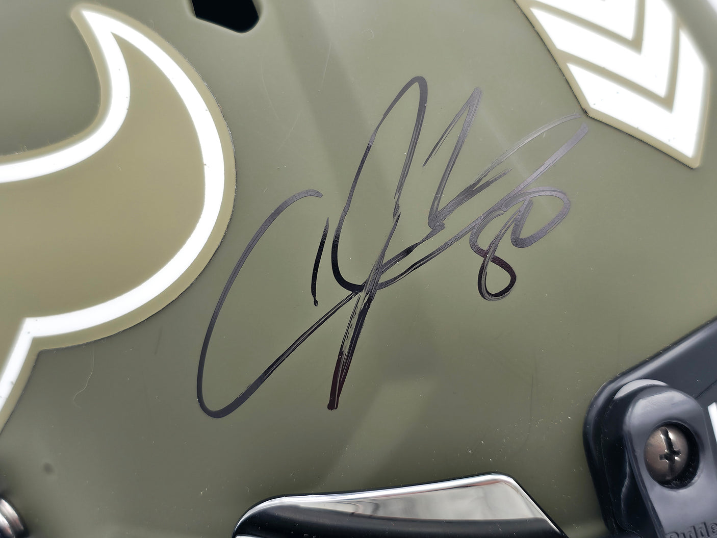 Andre Johnson Autographed Houston Texans Army Green Salute to Service Full Size Authentic Speed Helmet Beckett BAS Witness #W107330