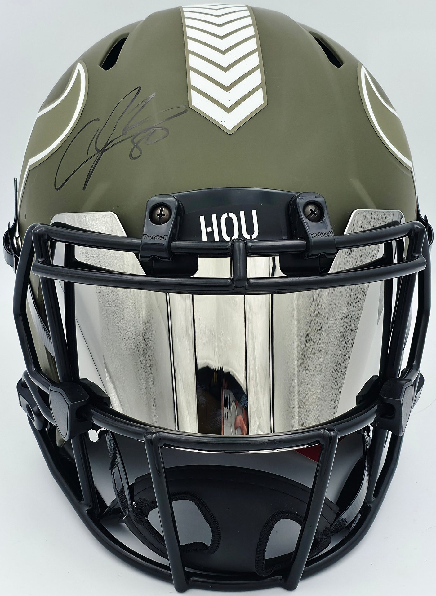 Andre Johnson Autographed Houston Texans Army Green Salute to Service Full Size Authentic Speed Helmet Beckett BAS Witness #W107330