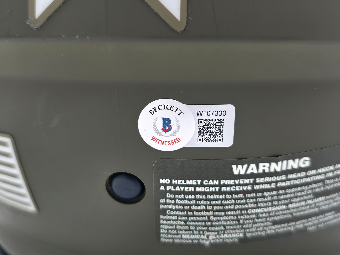 Andre Johnson Autographed Houston Texans Army Green Salute to Service Full Size Authentic Speed Helmet Beckett BAS Witness #W107330