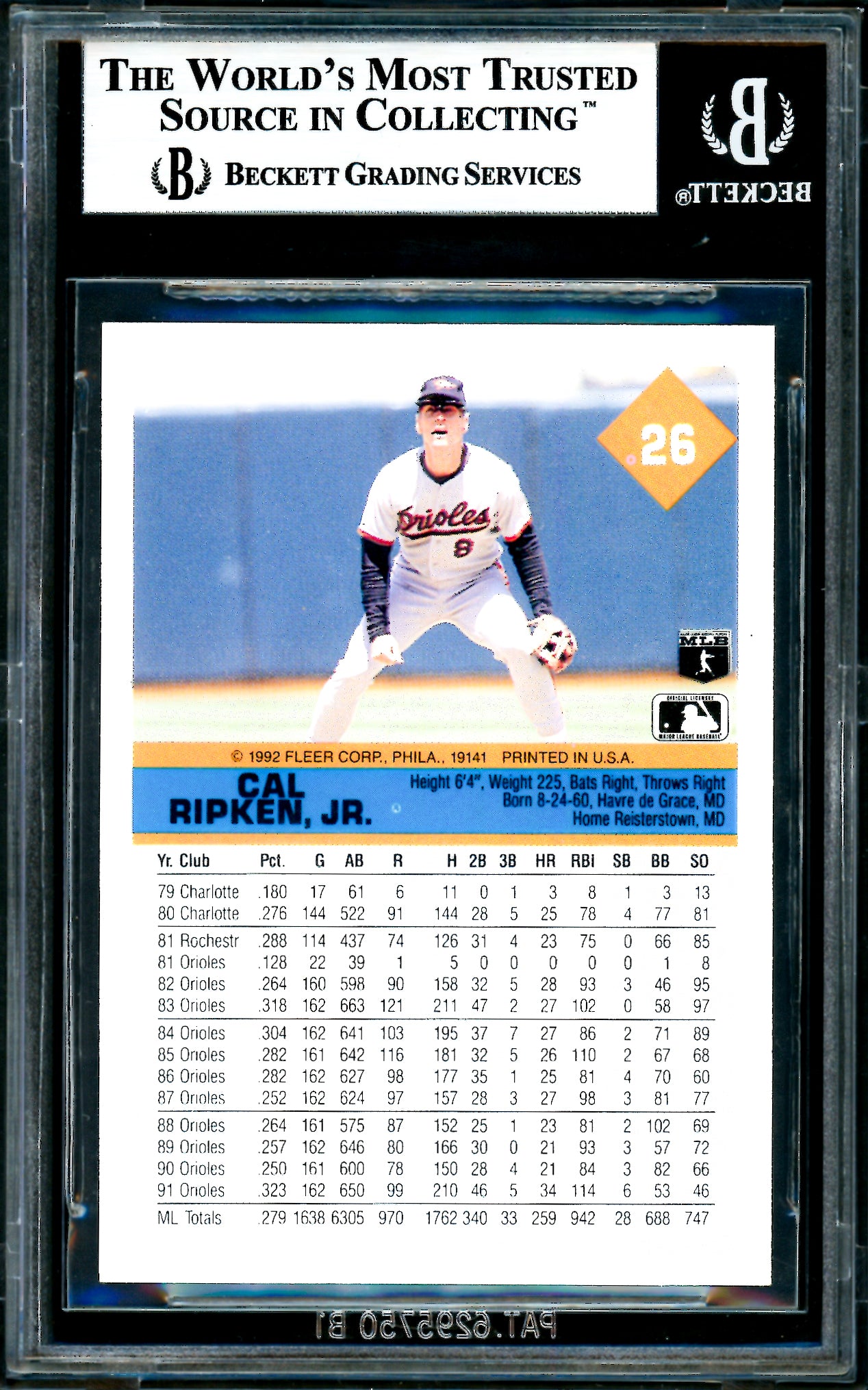 Cal Ripken Jr. Autographed 1992 Fleer Card #26 Baltimore Orioles JSA #Y14645