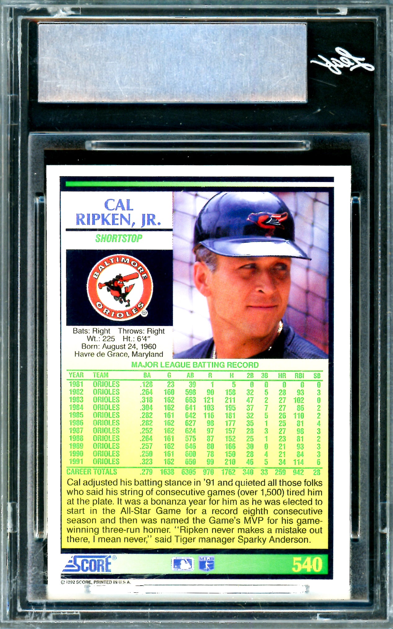 Cal Ripken Jr. Autographed 1992 Score Card #540 Baltimore Orioles Leaf SKU #243513