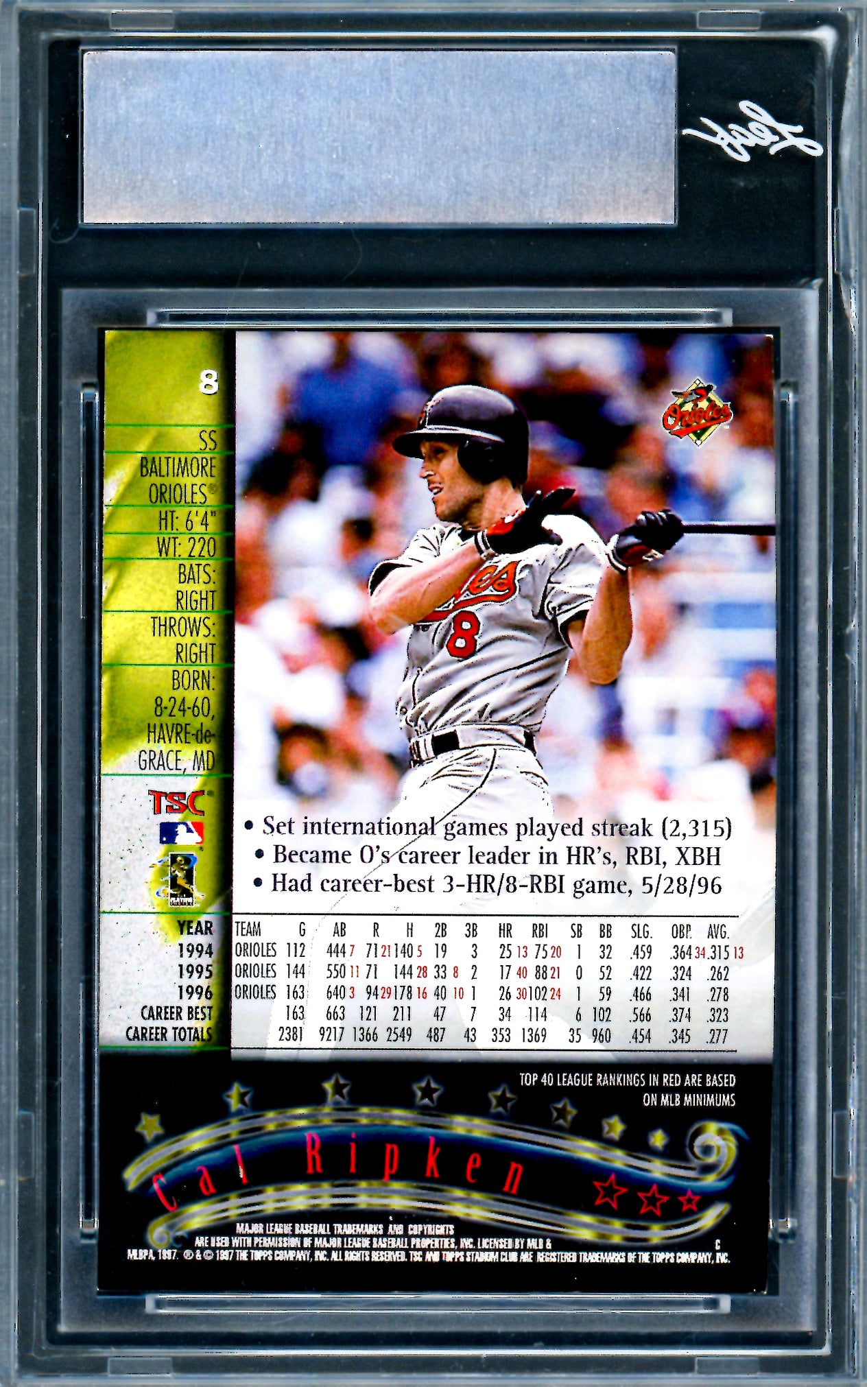 Cal Ripken Jr. Autographed 1997 Stadium Club Card #8 Baltimore Orioles Leaf SKU #243520