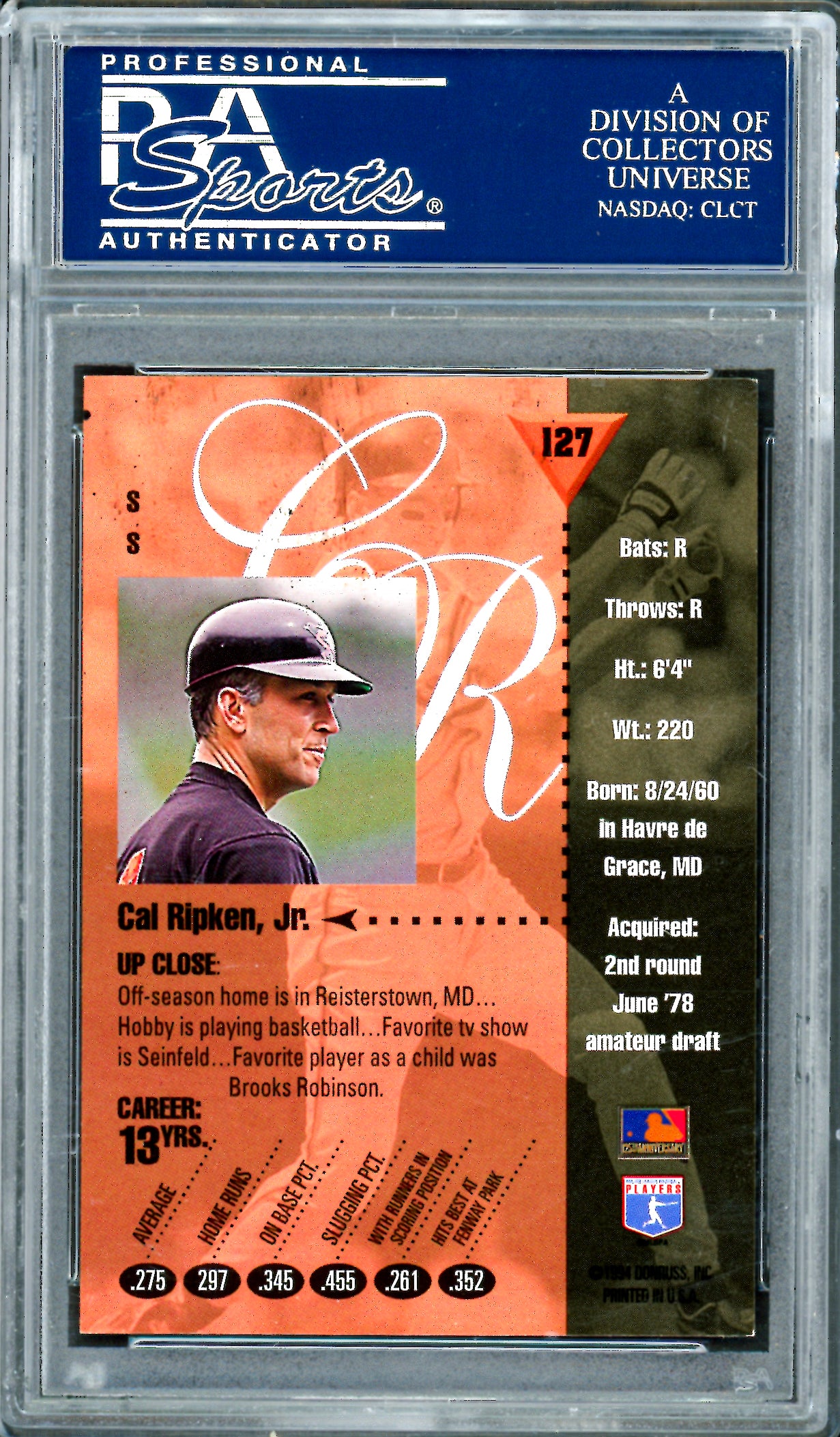 Cal Ripken Jr. Autographed 1994 Studio Card #127 Baltimore Orioles PSA/DNA #83693290