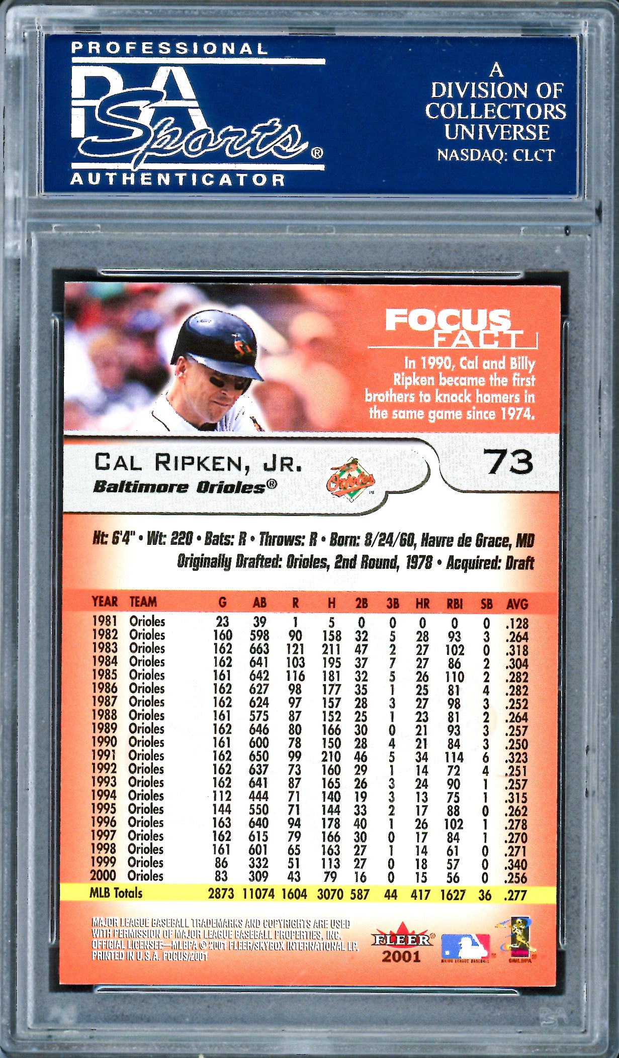 Cal Ripken Jr. Autographed 2001 Fleer Focus Card #73 Baltimore Orioles PSA/DNA #83858440