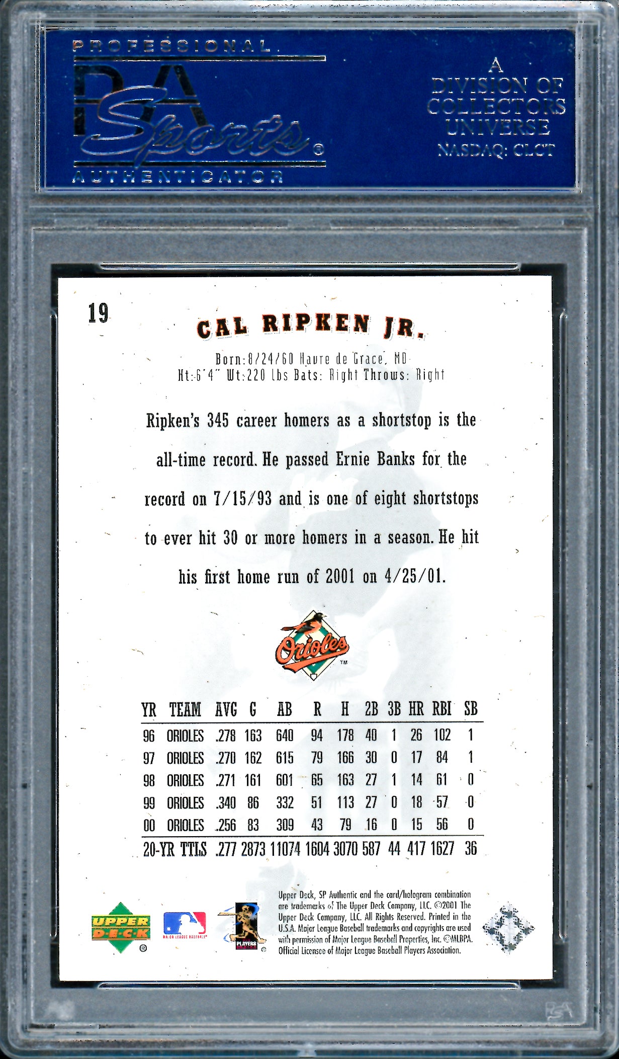 Cal Ripken Jr. Autographed 2001 SPx Card #19 Baltimore Orioles PSA/DNA #83535802