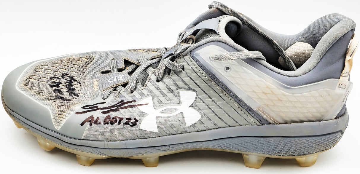Gunnar Henderson Autographed Grey Under Armour Yard MT Game Used Rookie Cleats Baltimore Orioles "AL ROY 23 Game Used" Dual Signed Beckett BAS QR #1W492691 & #1W492692
