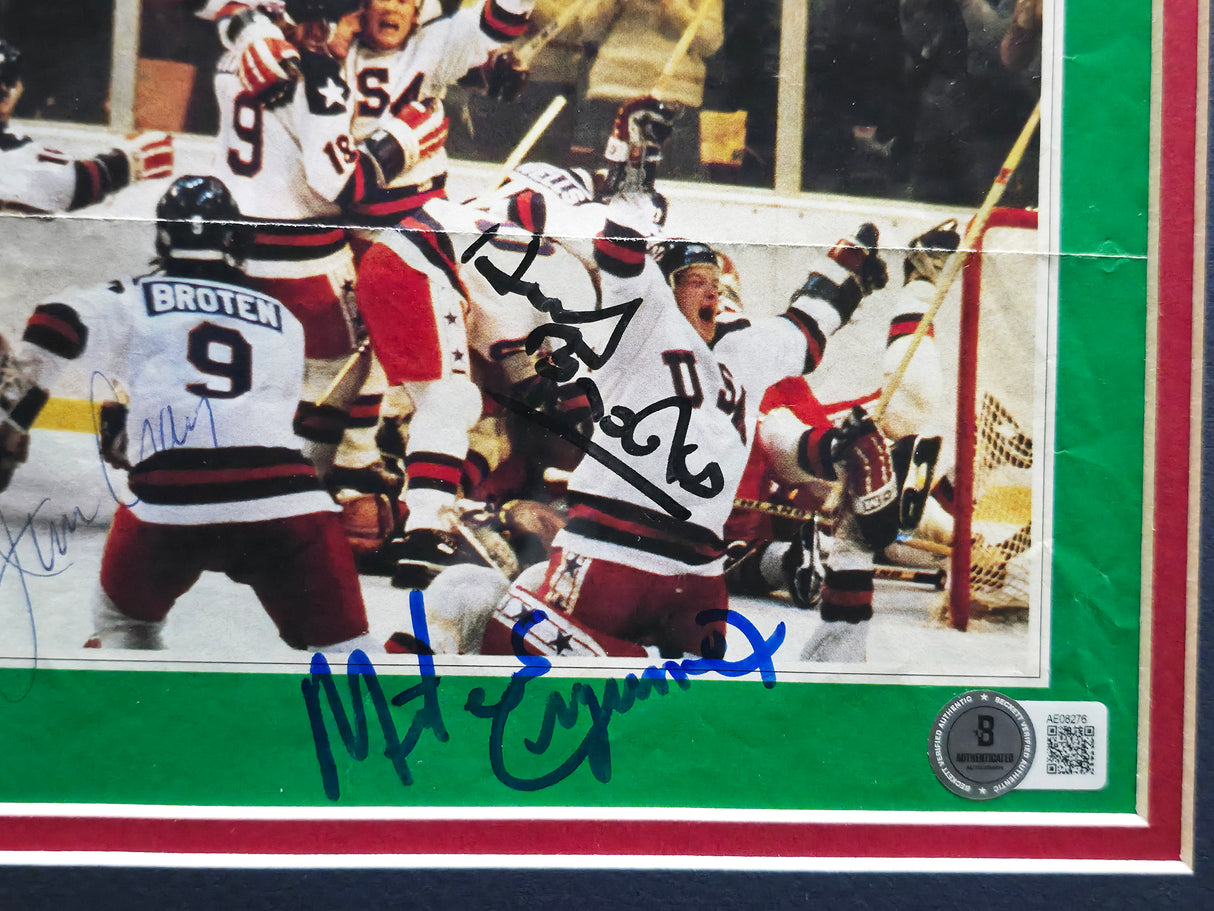 Herb Brooks, Jim Craig & Mike Eruzione Autographed Framed 8.5x11 Sports Illustrated Cover 1980 Team USA Miracle On Ice Beckett BAS #AE08276