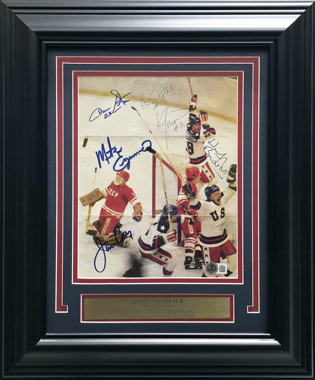 1980 Team USA Miracle On Ice Team Autographed Framed 8x10 Magazine Page Photo With 6 Signatures Including Herb Brooks Beckett BAS #AE08278