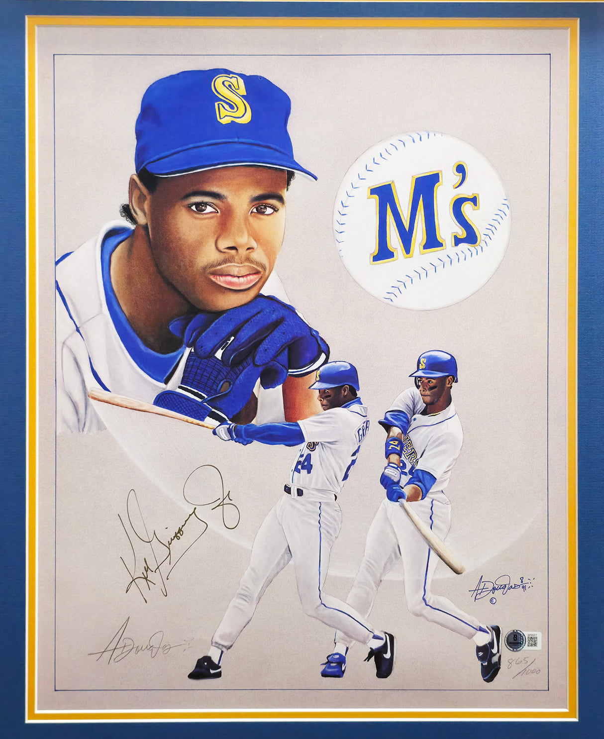 Ken Griffey Jr. Autographed Framed 16x20 Lithograph Photo Seattle Mariners #865/1000 Beckett BAS QR #BP55377