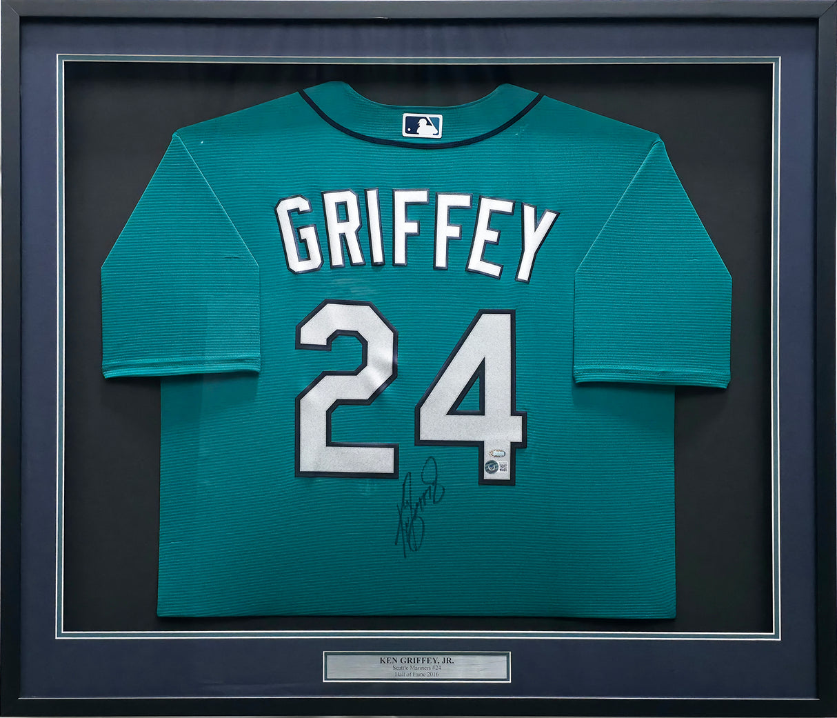 Seattle Mariners Ken Griffey Jr. Autographed Framed Teal Nike Jersey (Wavy) Beckett BAS QR #BA78028