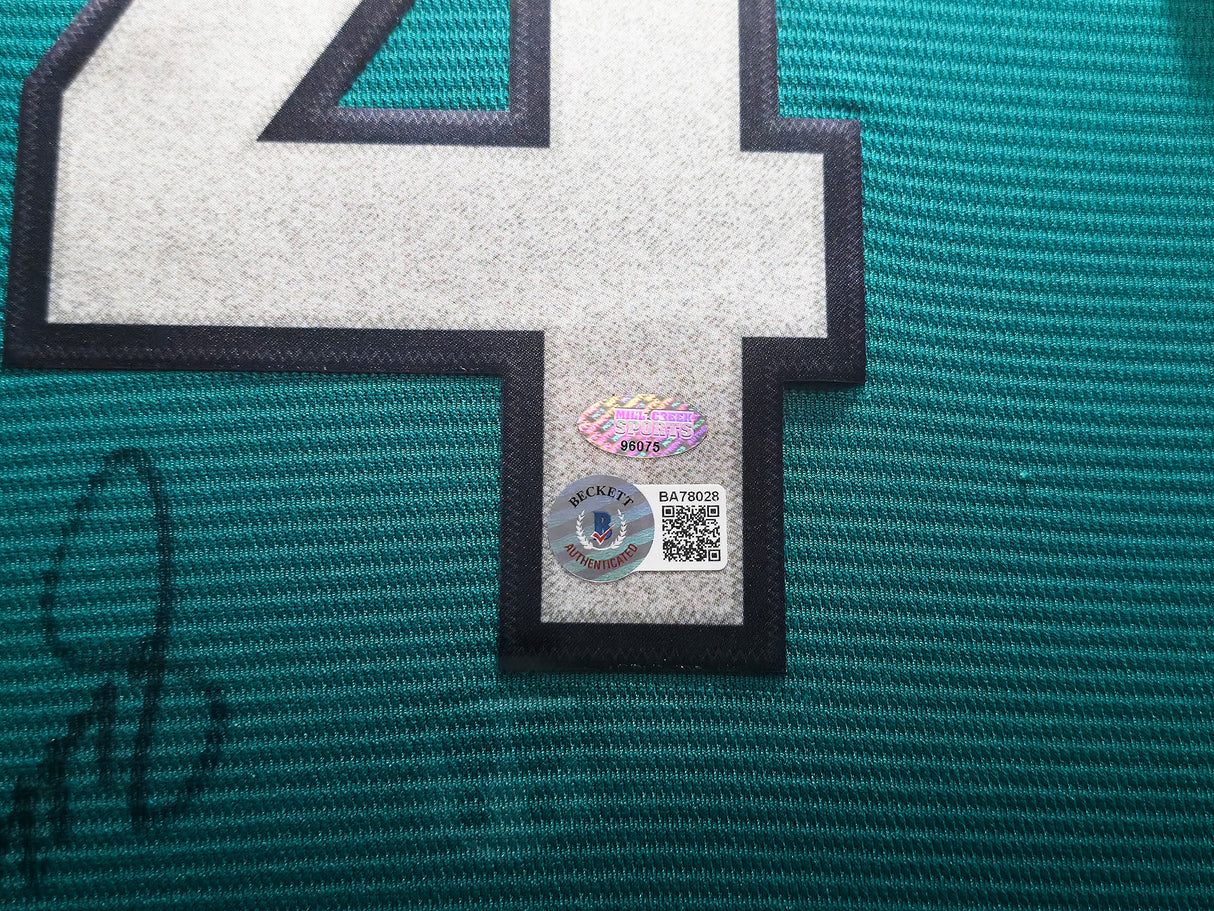 Seattle Mariners Ken Griffey Jr. Autographed Framed Teal Nike Jersey (Wavy) Beckett BAS QR #BA78028