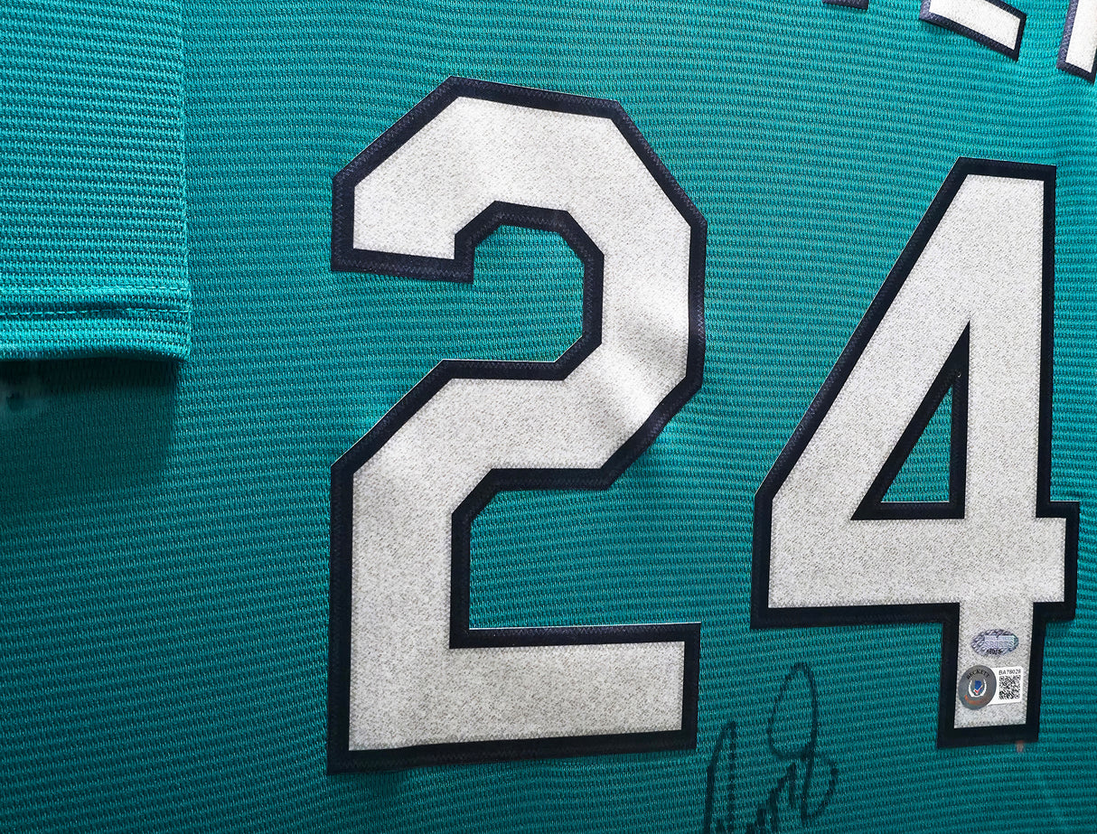 Seattle Mariners Ken Griffey Jr. Autographed Framed Teal Nike Jersey (Wavy) Beckett BAS QR #BA78028