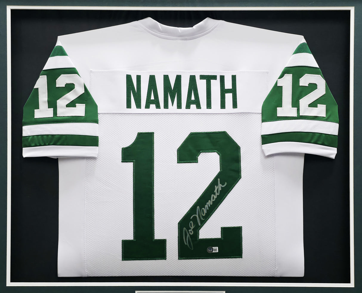 New York Jets Joe Namath Autographed Framed White Jersey (Chip) Beckett BAS Witness #W175526