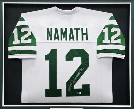 New York Jets Joe Namath Autographed Framed White Jersey (Chip) Beckett BAS Witness #W175526