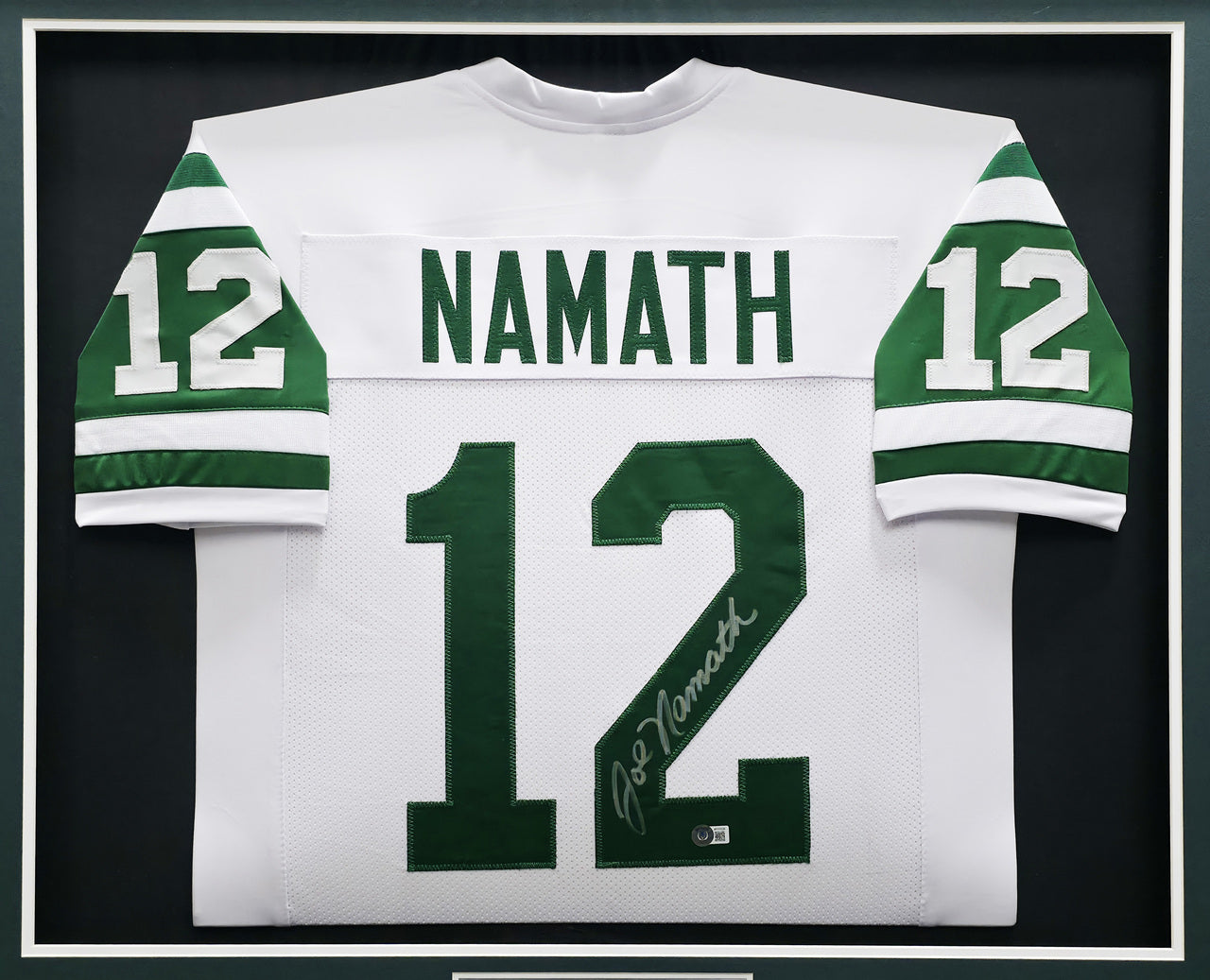 New York Jets Joe Namath Autographed Framed White Jersey (Chip) Beckett BAS Witness #W175526
