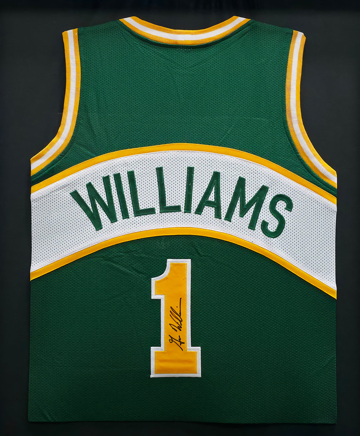 Seattle Supersonics Gus Williams Autographed Framed Green Jersey SKU #242664