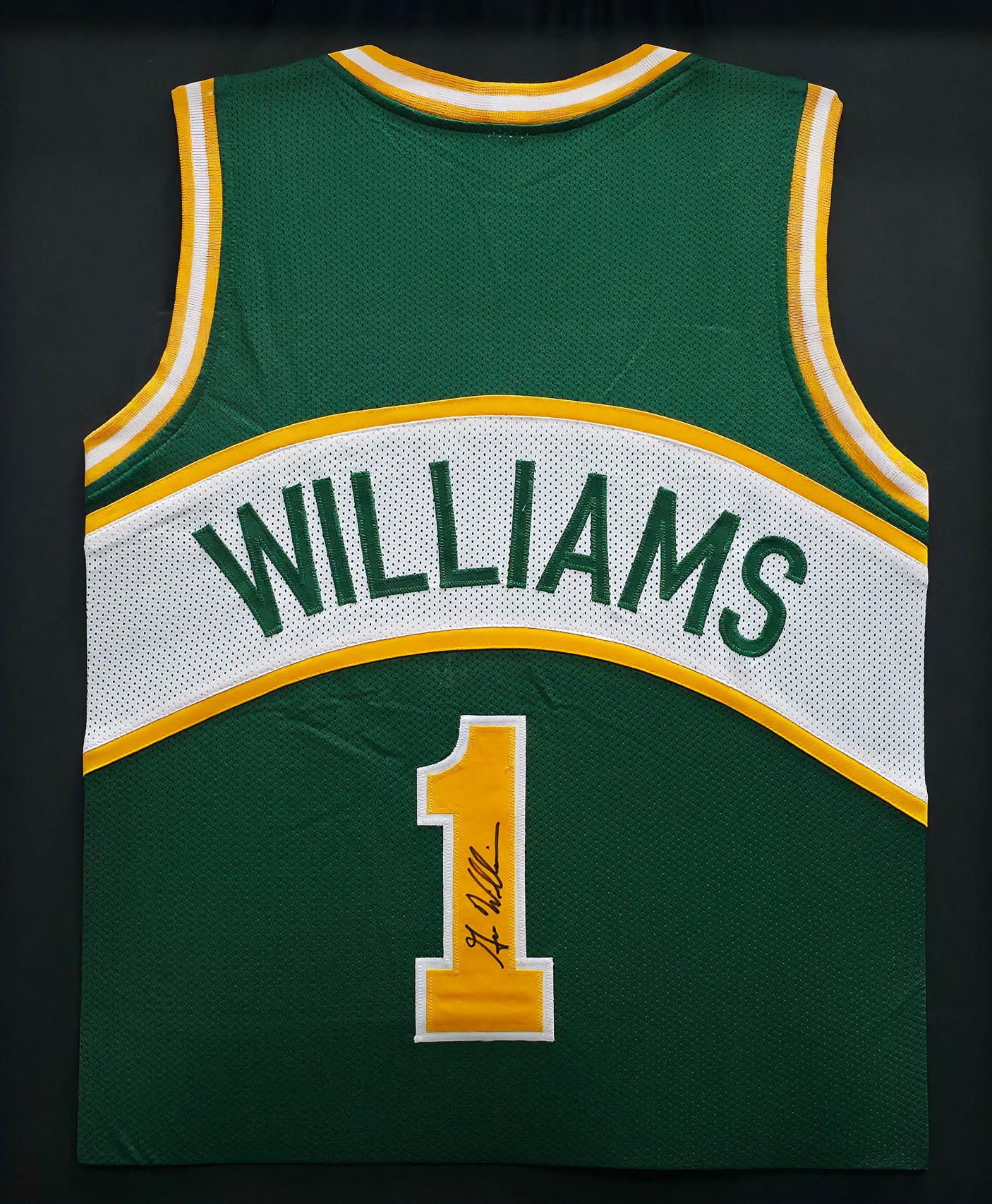 Seattle Supersonics Gus Williams Autographed Framed Green Jersey SKU #242664