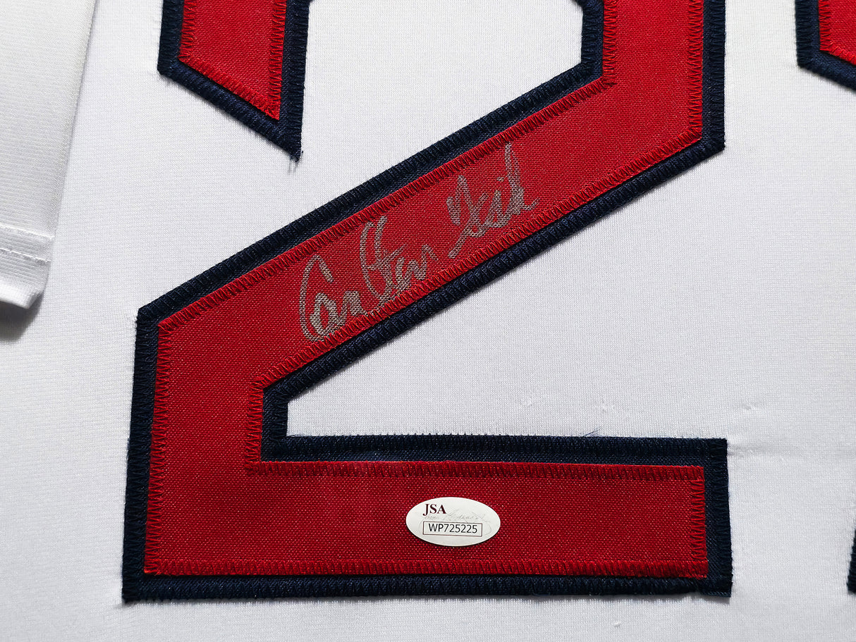 Boston Red Sox Carlton Fisk Autographed Framed White Jersey Collage JSA #WP725225