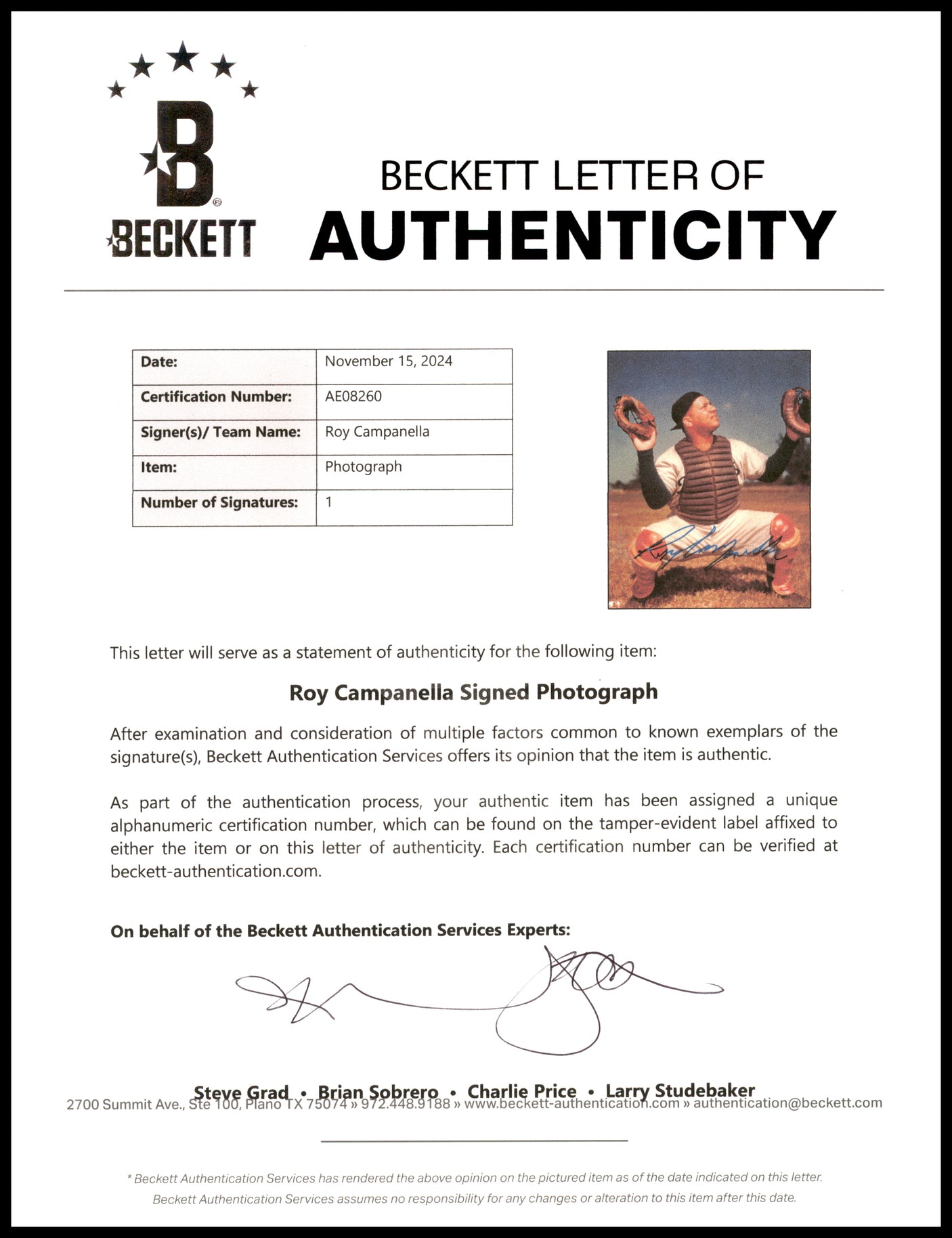 Roy Campanella Autographed Framed 8x10 Photo Brooklyn Dodgers Beckett BAS #AE08260