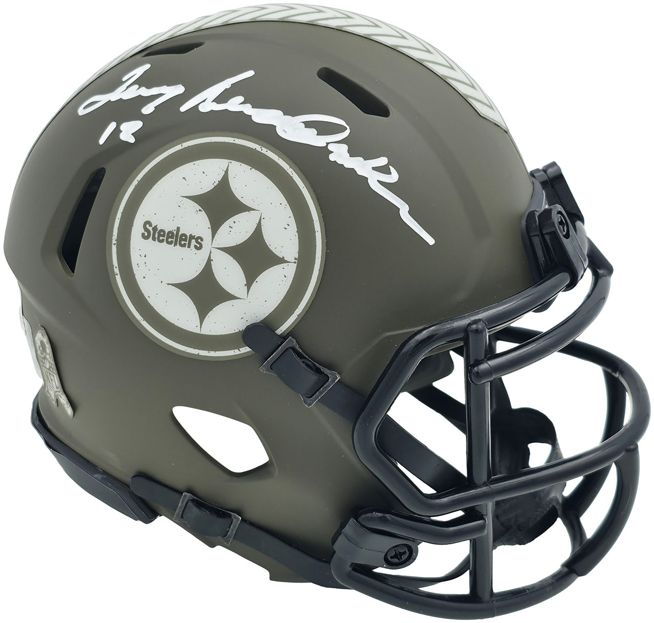 Terry Bradshaw Autographed Pittsburgh Steelers Army Green Salute to Service Speed Mini Helmet Beckett BAS Witness Stock #241642