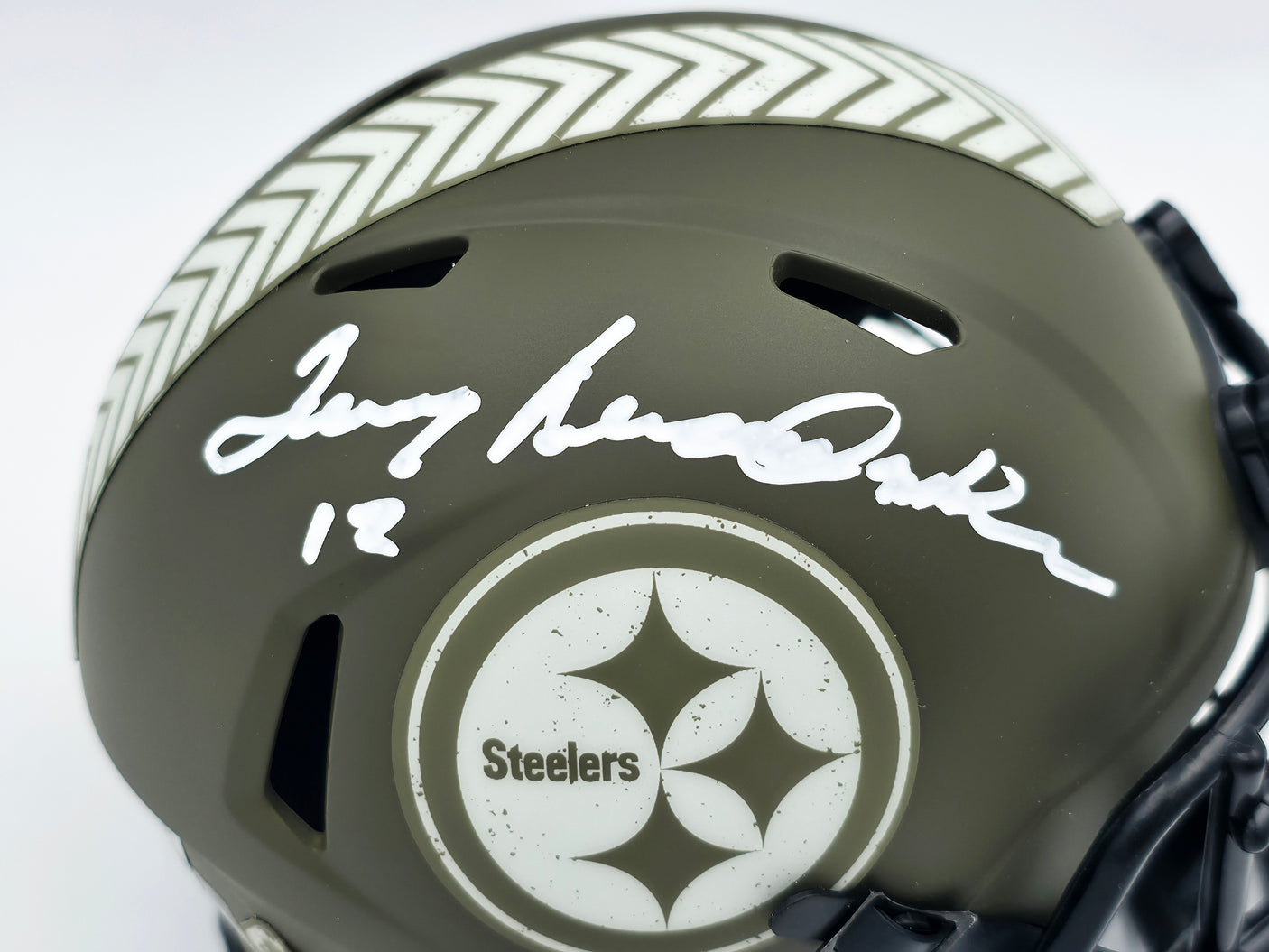 Terry Bradshaw Autographed Pittsburgh Steelers Army Green Salute to Service Speed Mini Helmet Beckett BAS Witness Stock #241642